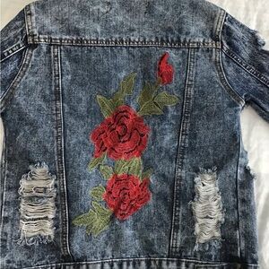 Thrill Denim Jean Jacket Vintage Vibe with Red Floral Embroidery
